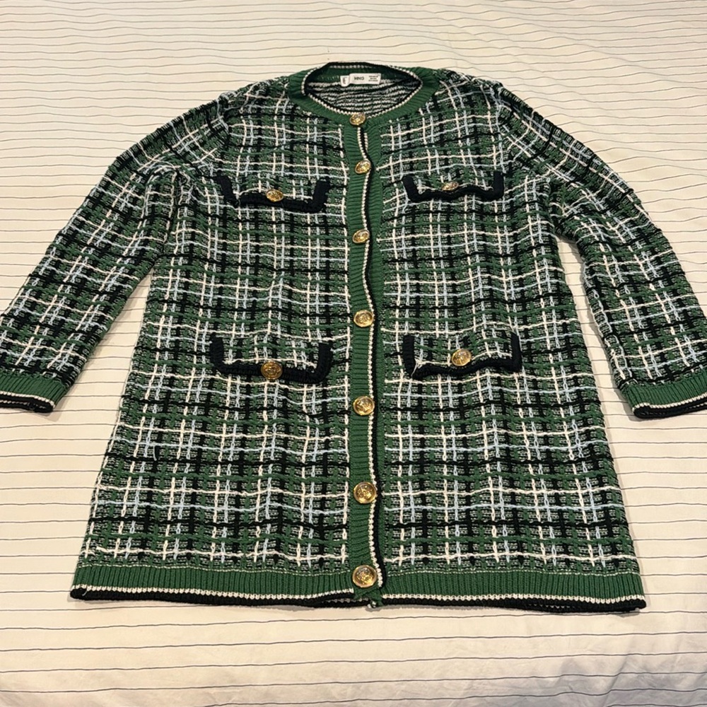 MANGO Cotton Tweed Cardigan Green Boucle